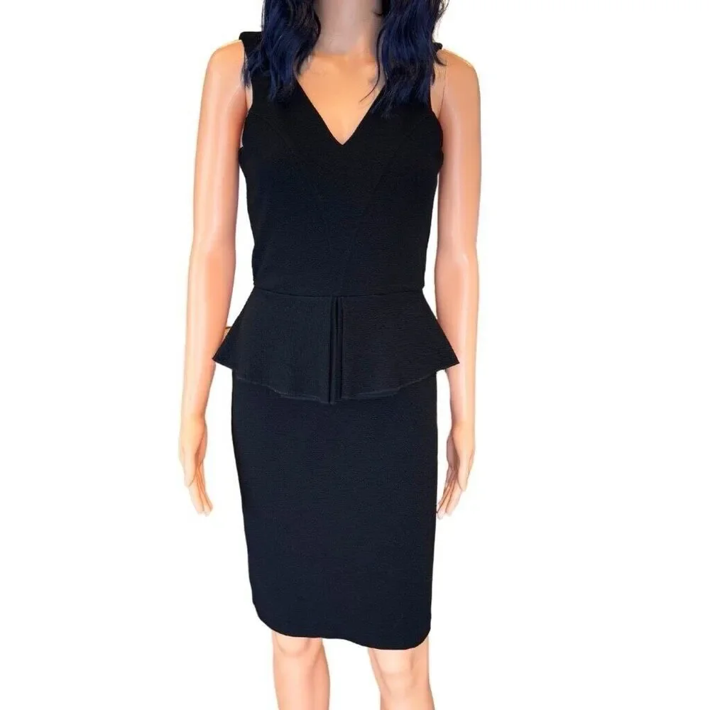 GANNI Anthropologie Eleanor Black Peplum V Neck Pencil Dress Small Cocktail - Picture 2 of 6
